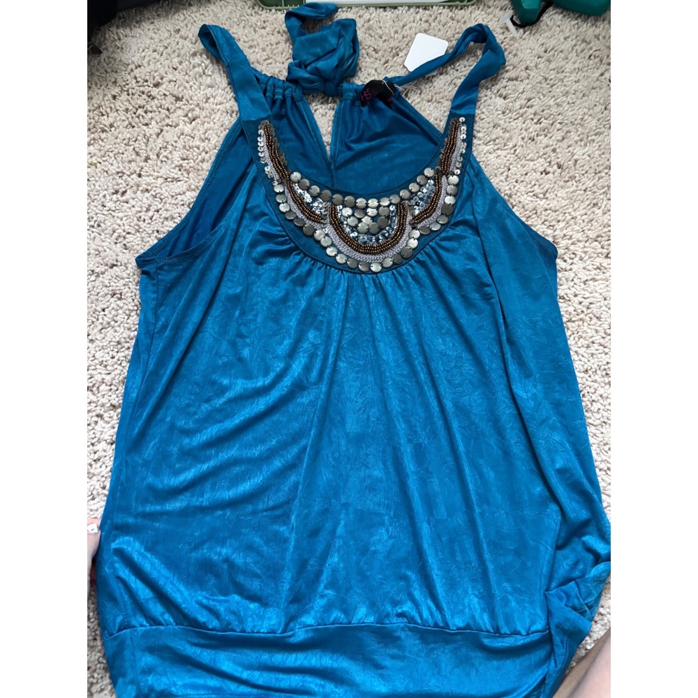 Boho Beaded Halter Top Teal Blue Sequin Embellished Festival Summer Tank Large